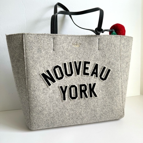 Kate Spade Nouveau York Tote Bag Hallie Gray Wool Felt Purse New York Bag Charm - Picture 4 of 12